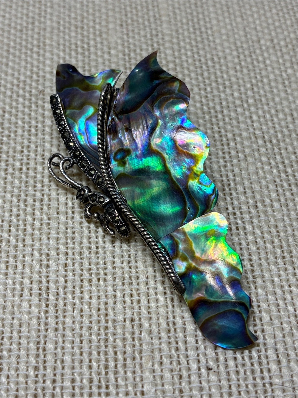 Vintage Abalone shell marcasite Sterling silver butterfly brooch pin